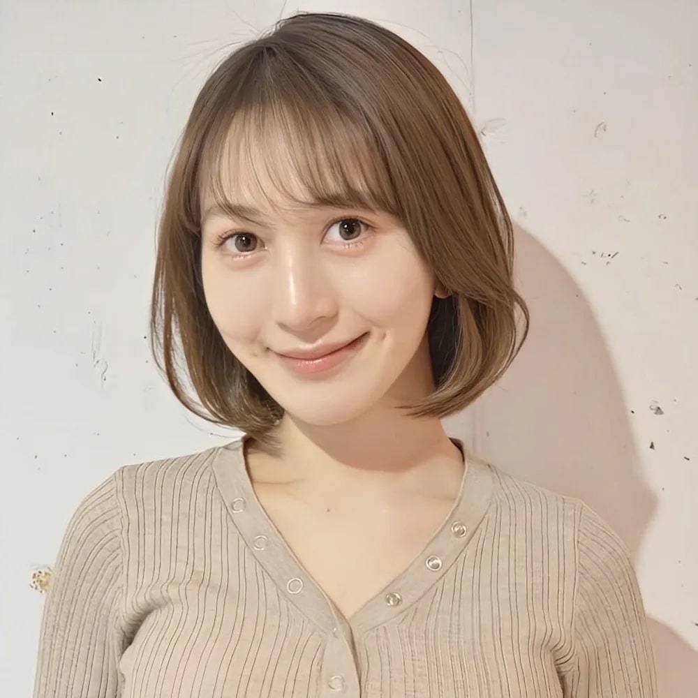明るめベージュの内巻きワンカールボブ