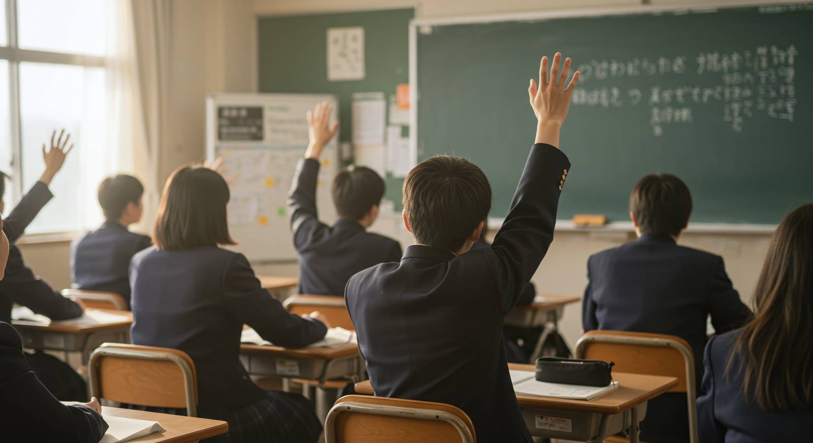 中学校授業風景・教室で手を上げる中学生たち 