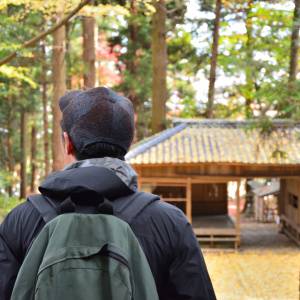  紅葉を見る男性の後ろ姿 