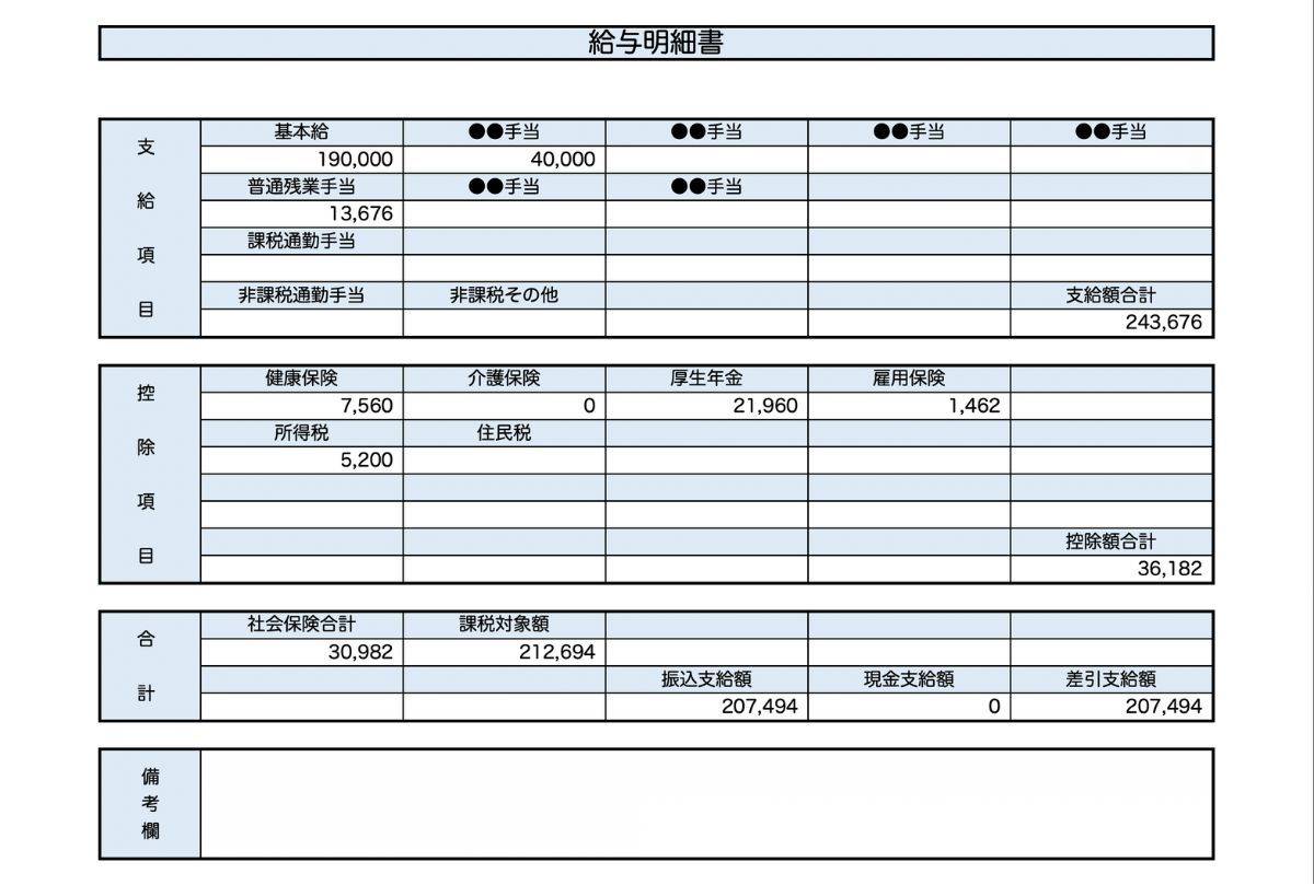 21歳、サービス業の給与明細