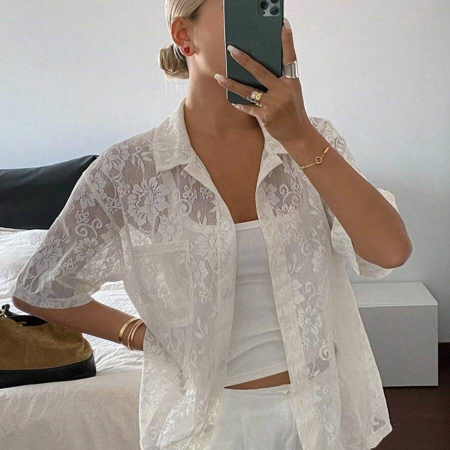 SHEIN DAZY レース衿半袖ブラウス