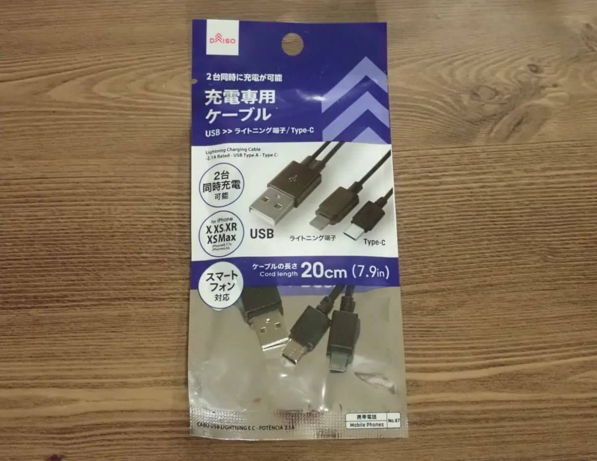 ダイソー充電ケーブル(USB→ライトニング端子＆Type-C、2.1)−１