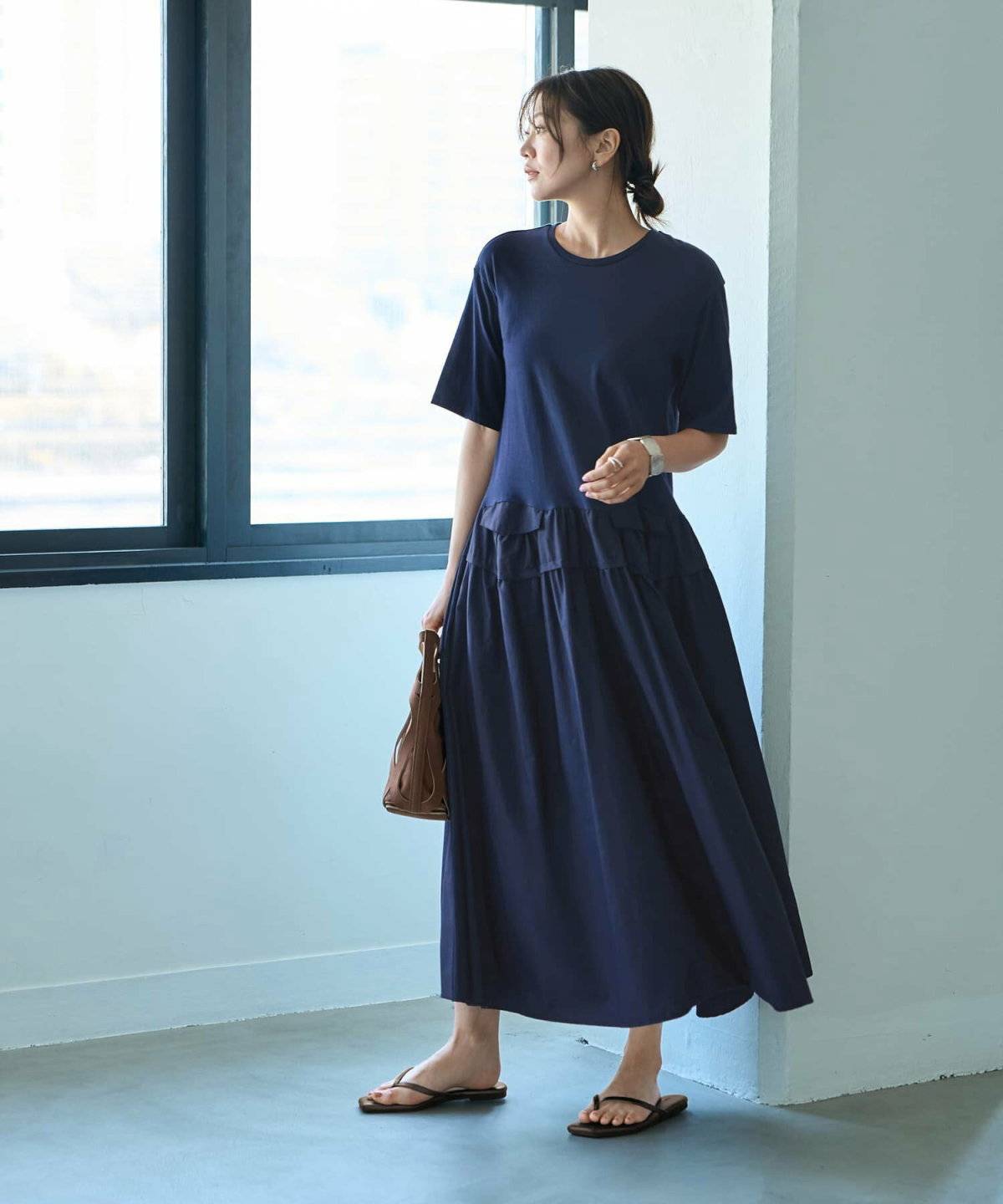 STYLE DELI 生地コンビボリュームスカート半袖ワンピース