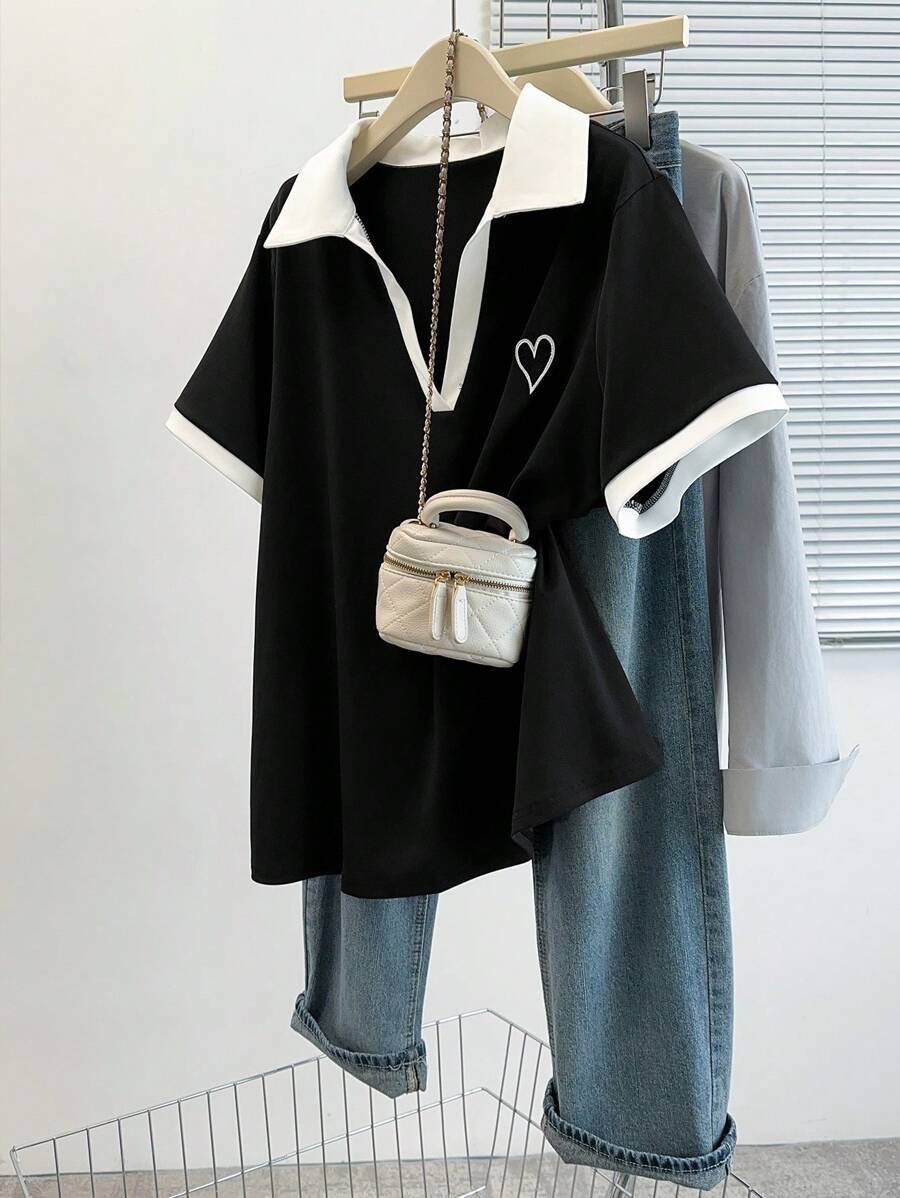 SHEIN Calvaya ブロックポロカラーTシャツ