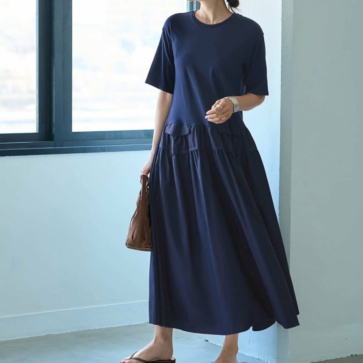 STYLE DELI 生地コンビボリュームスカート半袖ワンピース