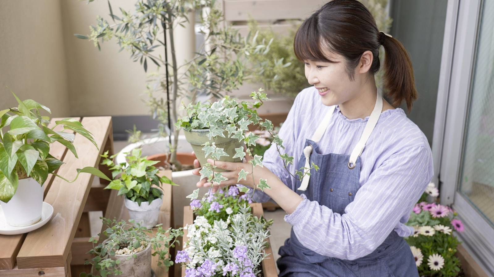 花の手入れをする女性