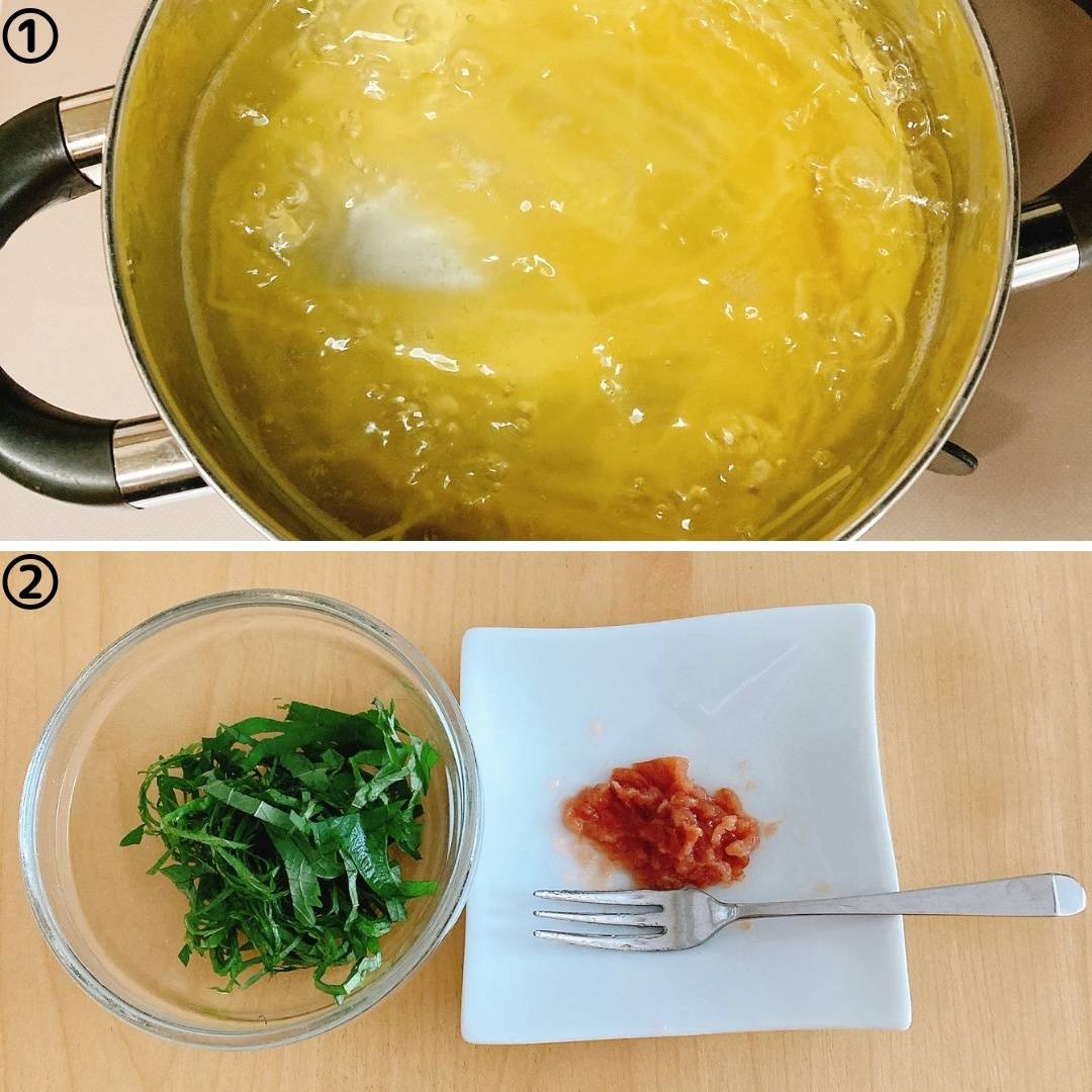 永谷園公式の「お茶づけの素で簡単!梅&しそのパスタ」のレシピ