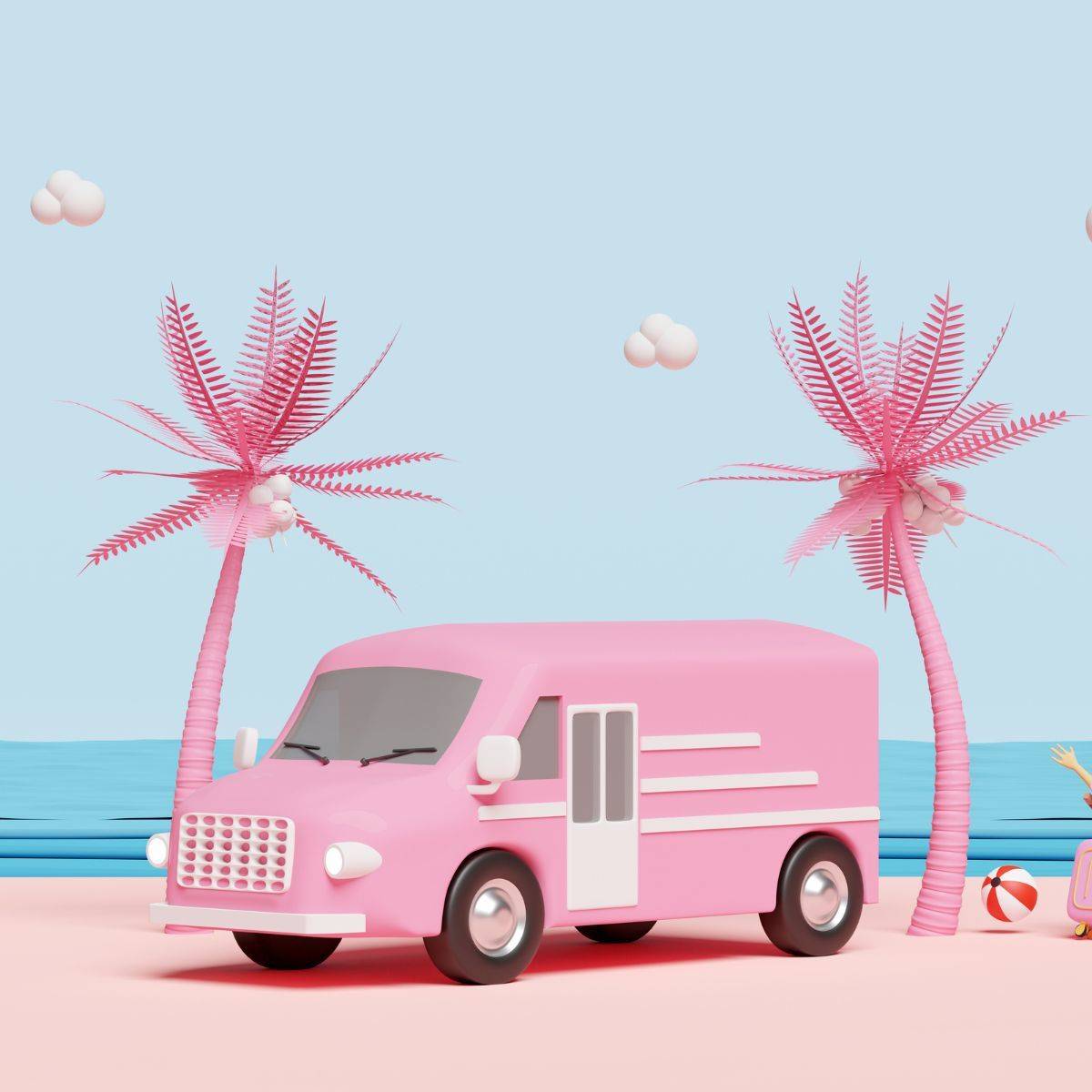 ビーチに置かれたピンクの車