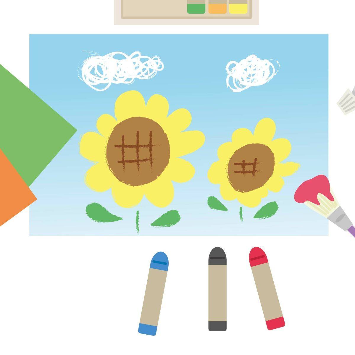 ひまわりの絵とクレヨン