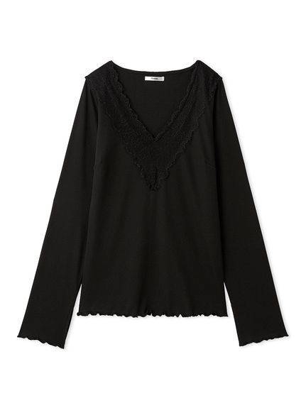 Henon. LACE V-NECK RIB TOPS