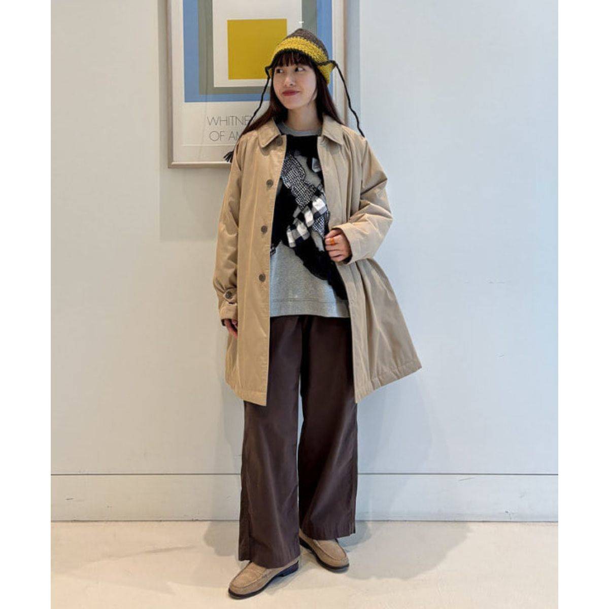 BEAMS BOY コットン ポリエステル シャンブレー ステンカラー コート 着用画像