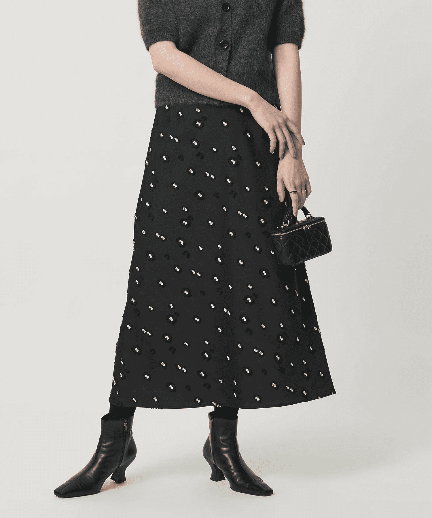 UNITED ARROWS サテン フラワー ジャガード ロングスカート ブラック