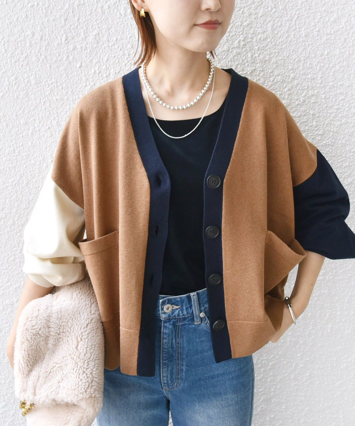 SHIPS 【WEB限定】<手洗い可能>配色 ポケット カーディガン