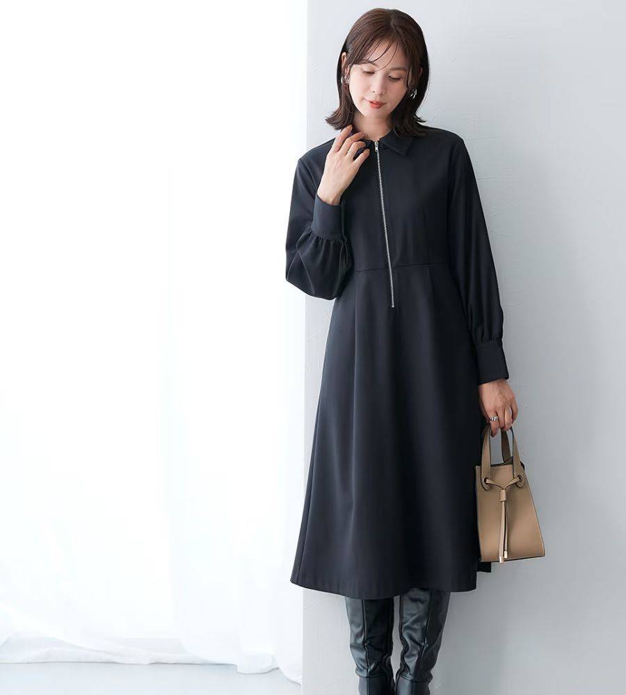 ニッセン 襟付きフロントジップタックワンピース