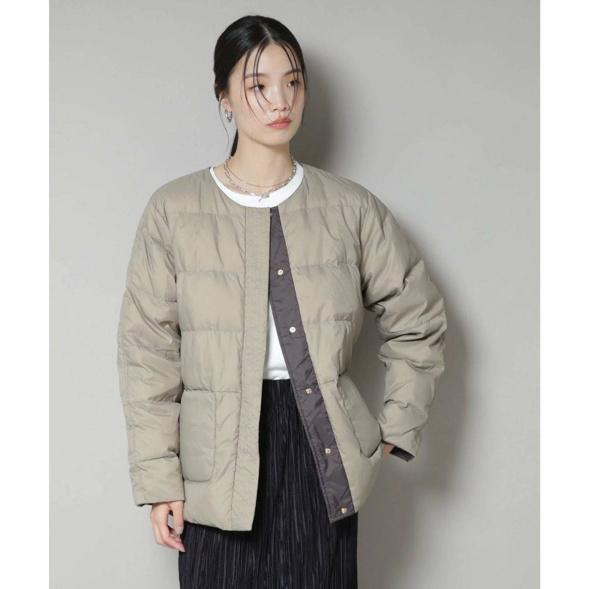 撥水加工ライトダウン リバーシブルノーカラージャケット