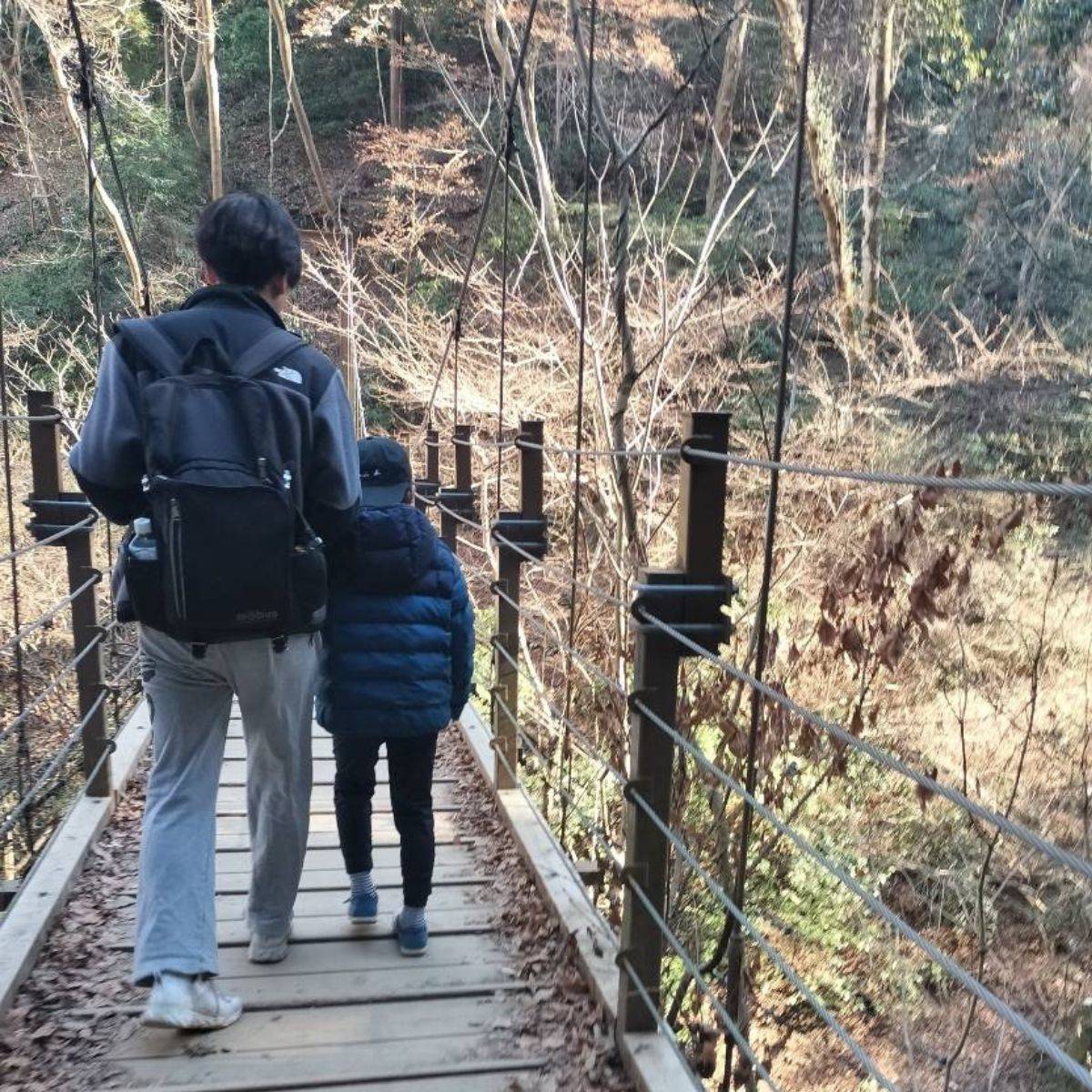 吊り橋を渡る親子