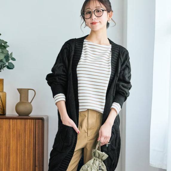ニッセン お手入れ簡単ケーブル編ニットロングカーデ