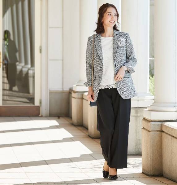 ニッセン ツイード調ロング丈テーラードジャケットパンツスーツ