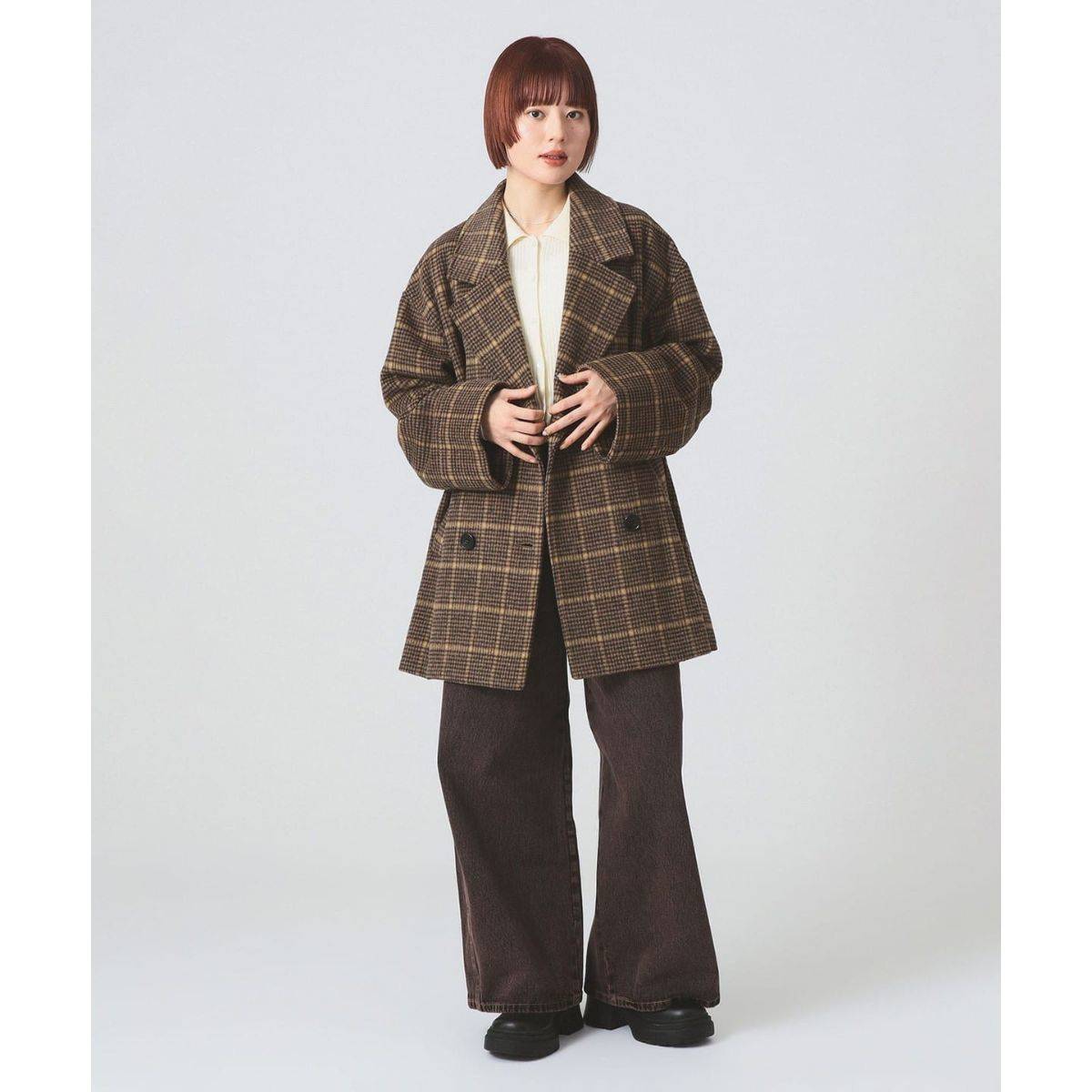 Ray BEAMS チェック ビーバー ダブル ハーフコート