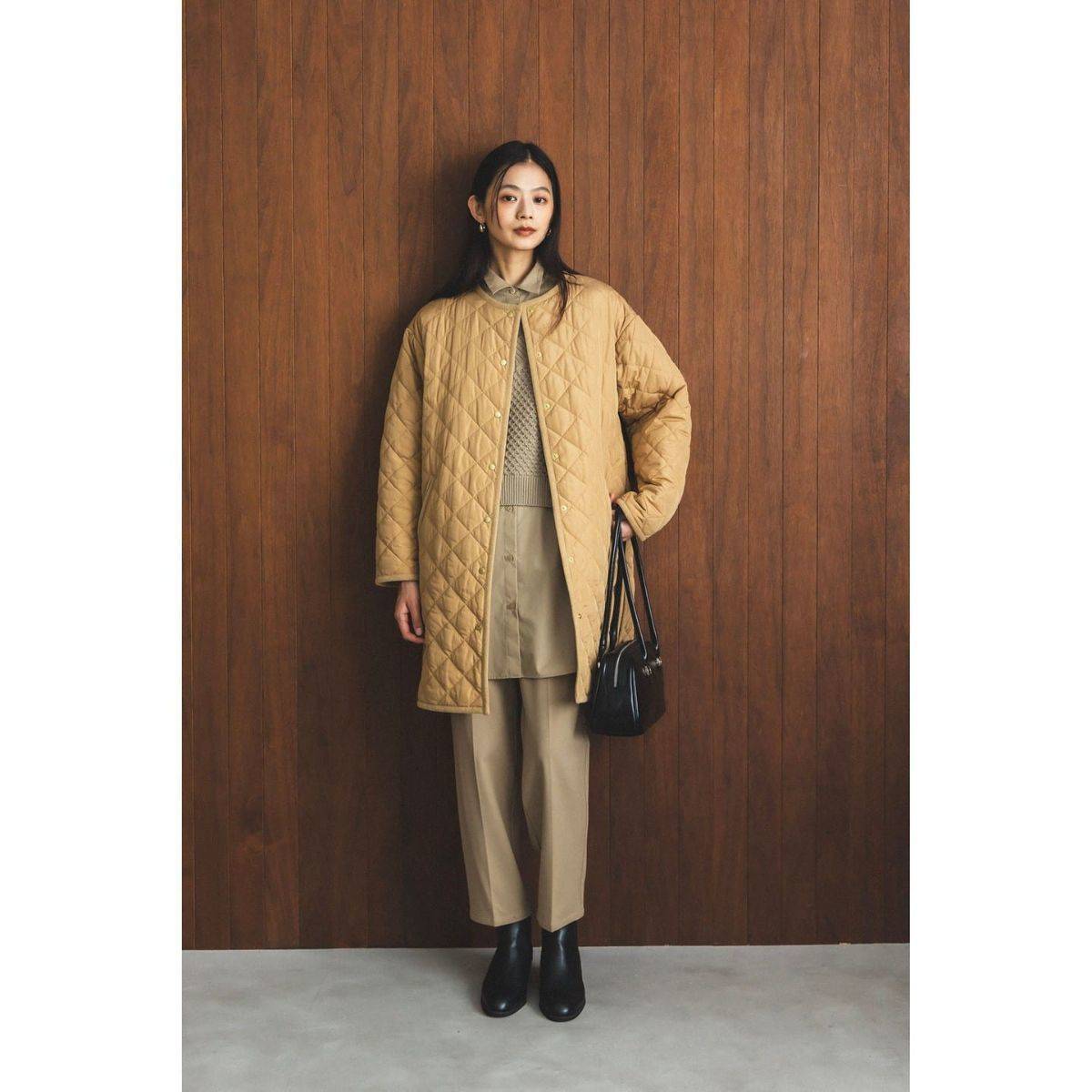 B:MING by BEAMS キルティング ノーカラー ロング コート