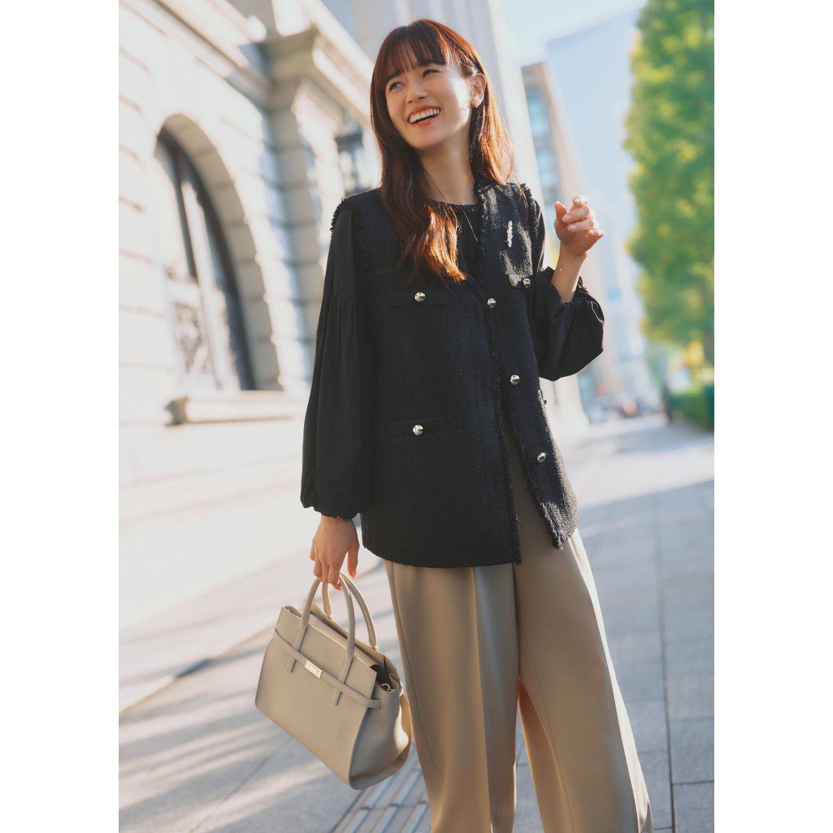 フリンジツイードベスト×ワイドパンツ