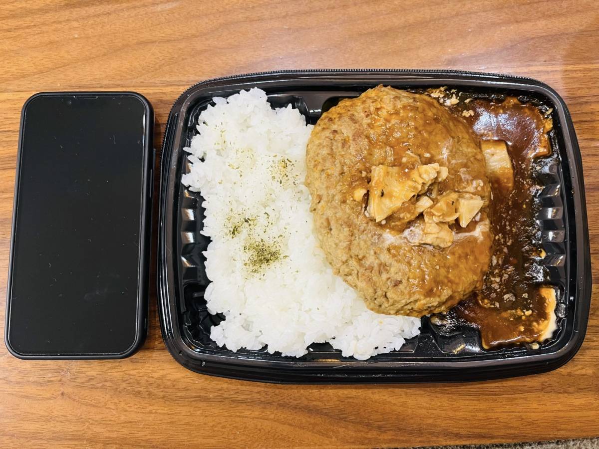 巨大ハンバーグがお弁当の半分を占めてるよ♪