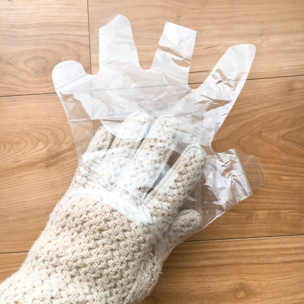 ビニール手袋をはめる