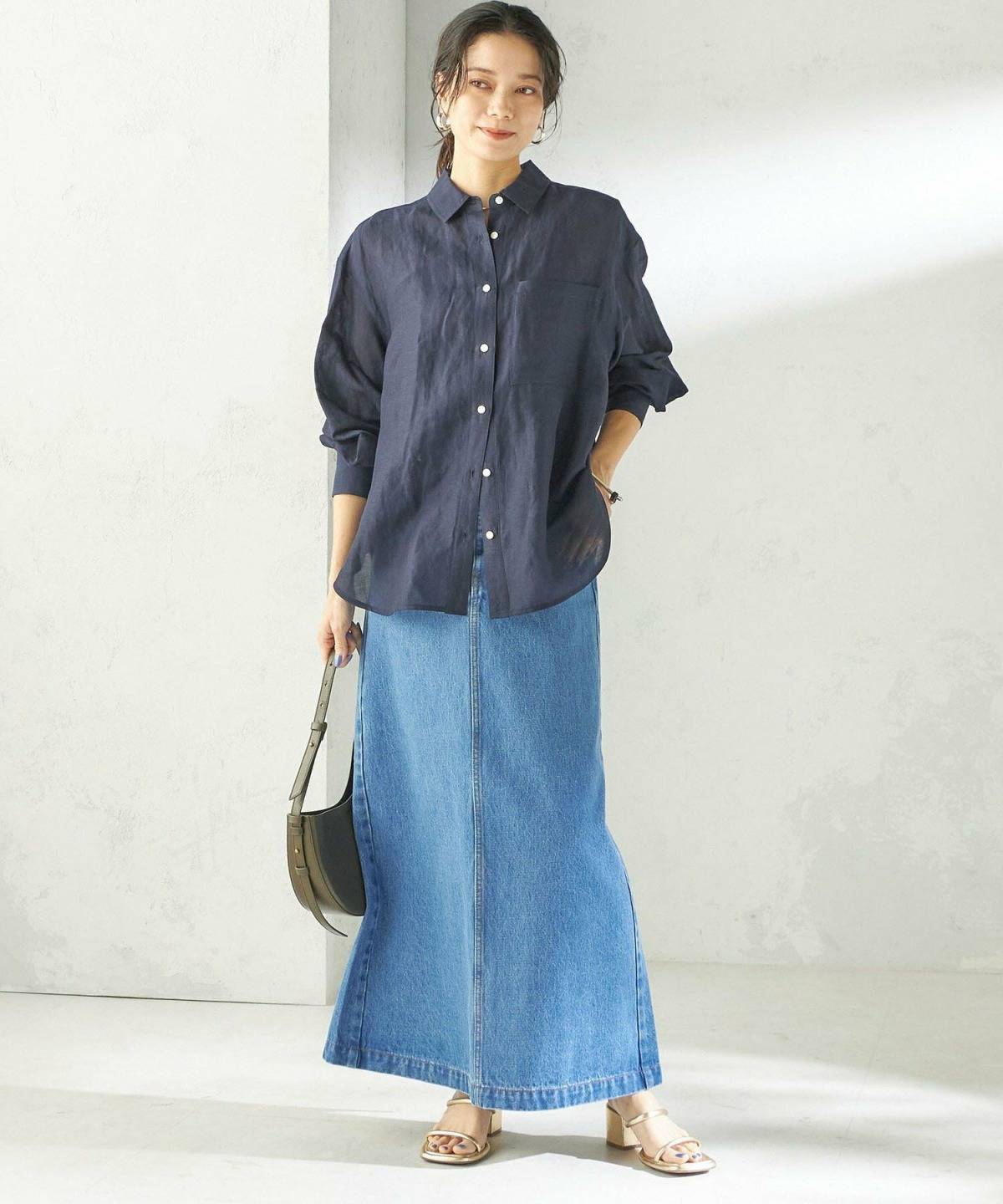 春の運動会 アラフォーママコーデ デニムスカート ネイビーシャツ