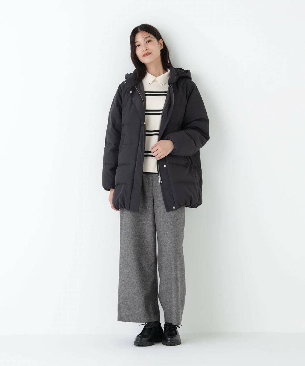 冬のガウチョパンツコーデ ボーダートップス ダウンジャケット
