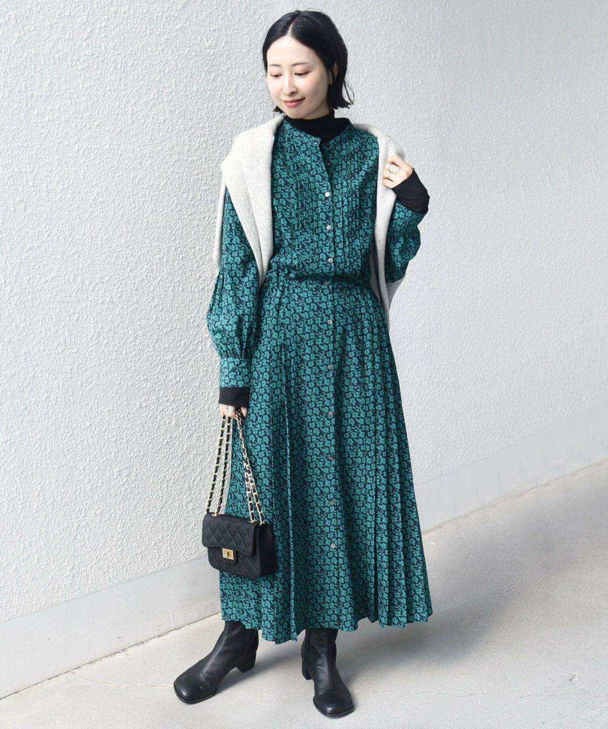 4月の京都コーデ カーディガン プリーツワンピース