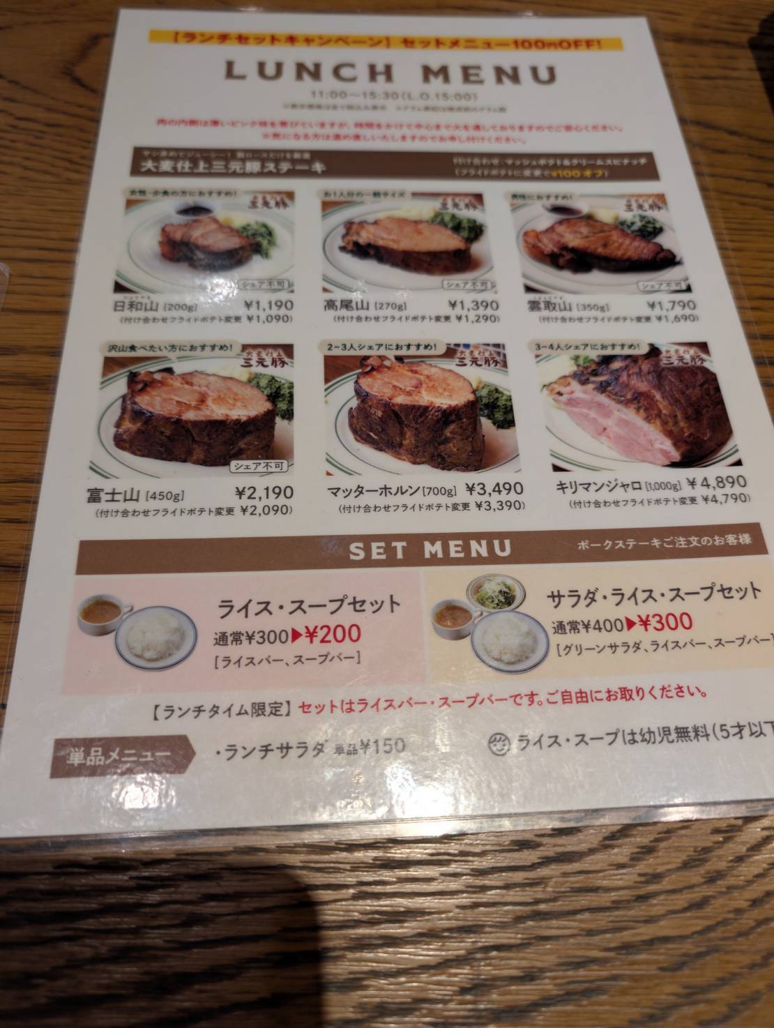 マロリーポークステーキのメニュー