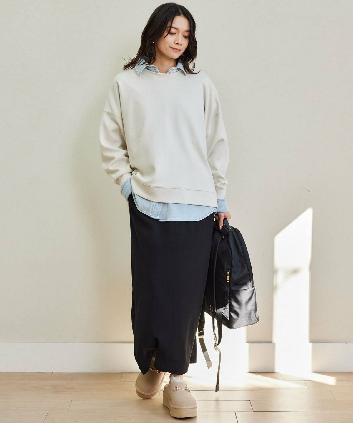 デニムシャツ レディースコーデ スウェット スカート