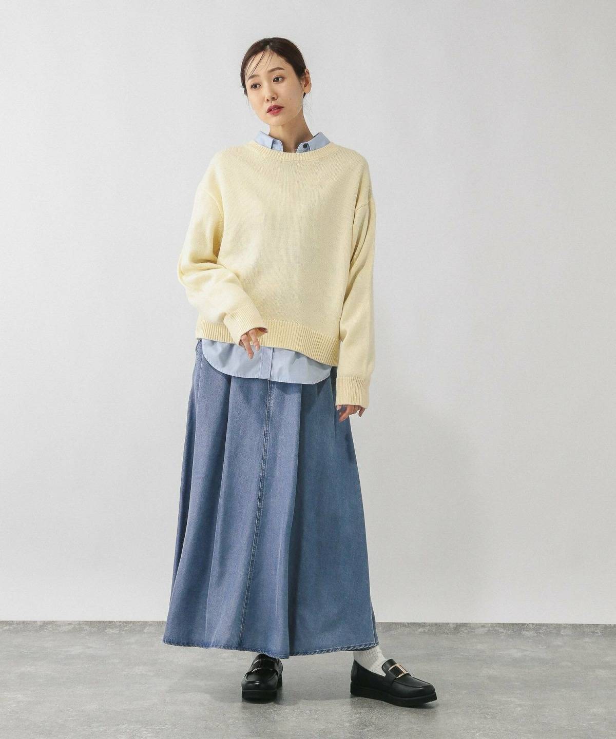 イエローニット×デニムスカート 30代向けお花見コーデ