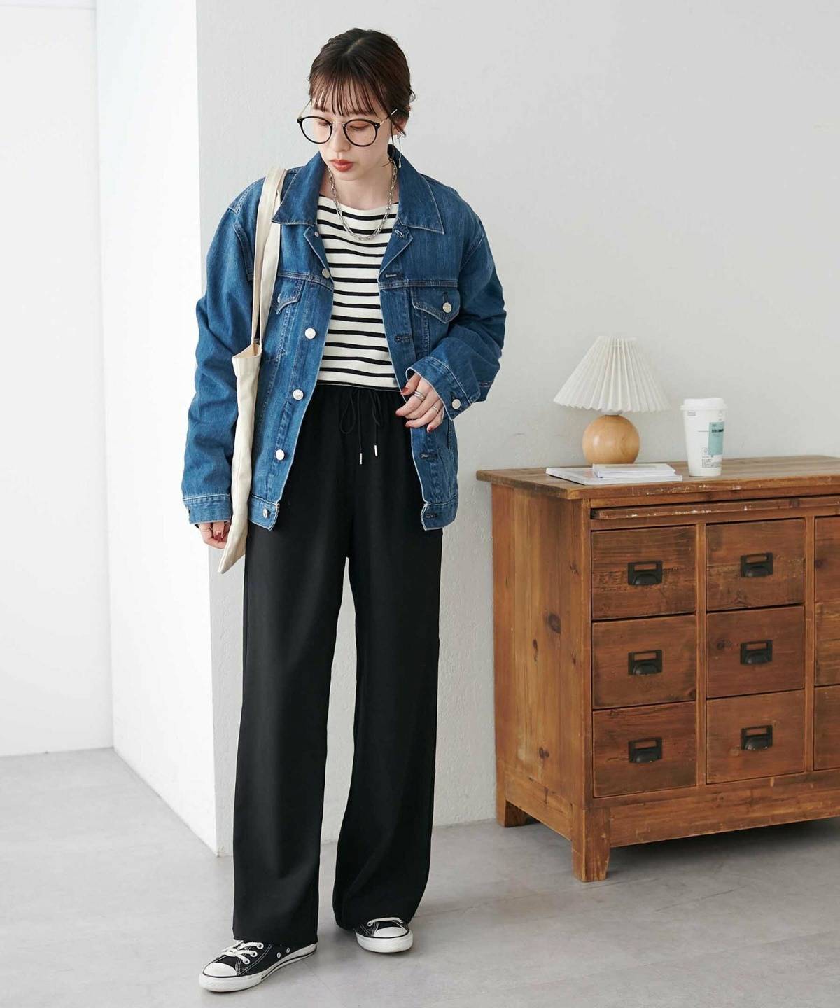 40代向けお花見コーデ ボーダートップス デニムジャケット