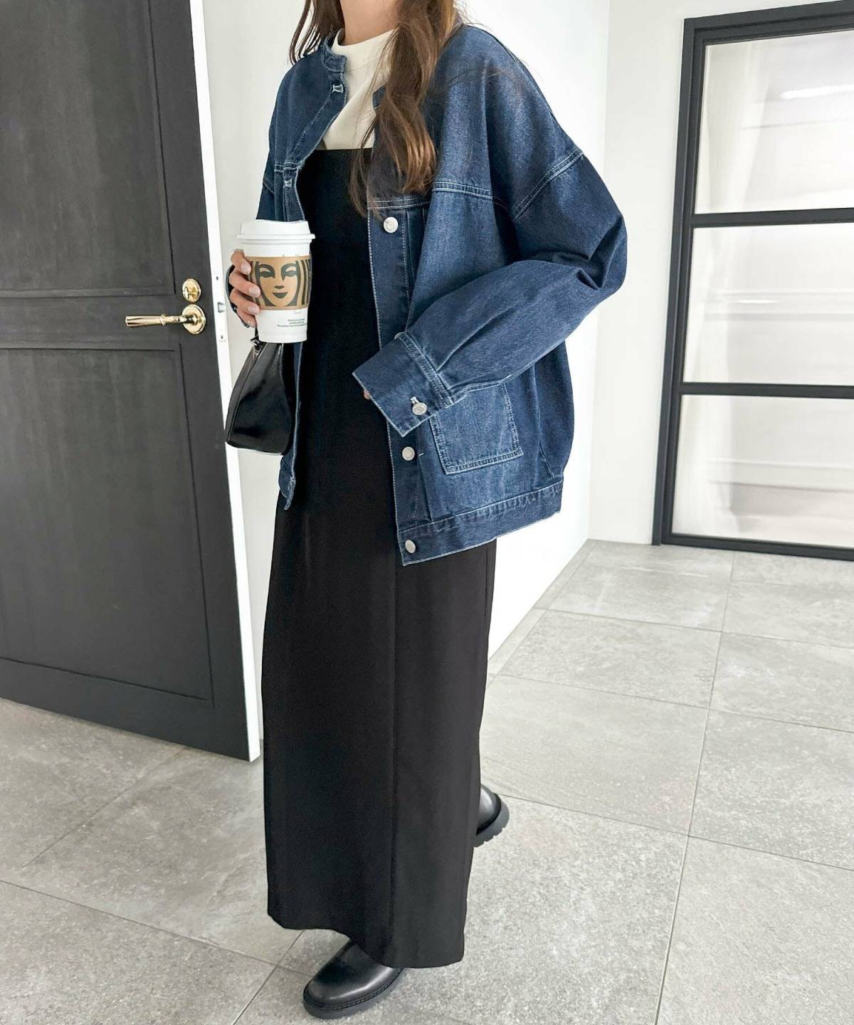 40代向けお花見コーデ ロングワンピース デニムジャケット