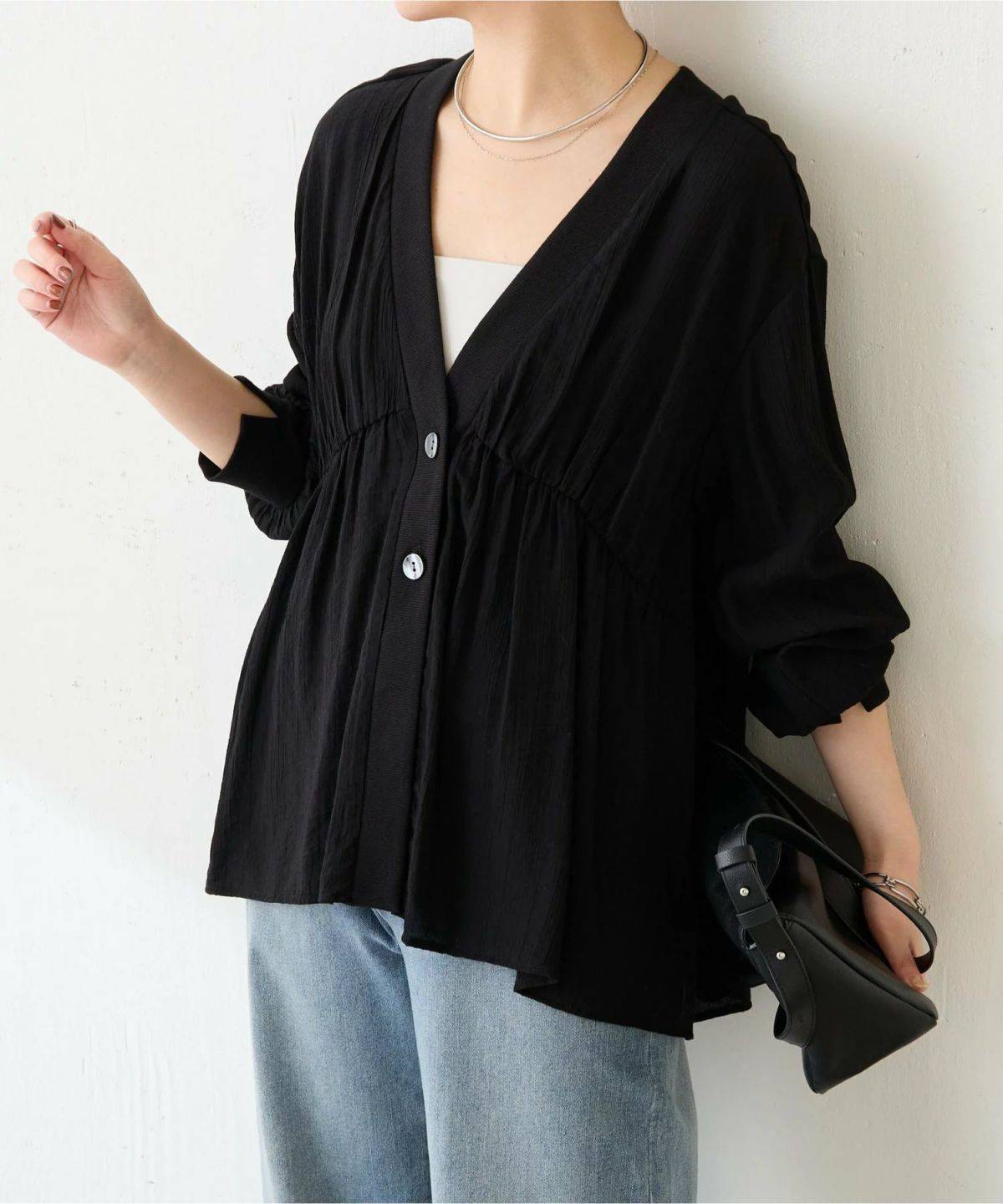 COLLAGE GALLARDAGALANTE ギャザー切替シャツカーディガン