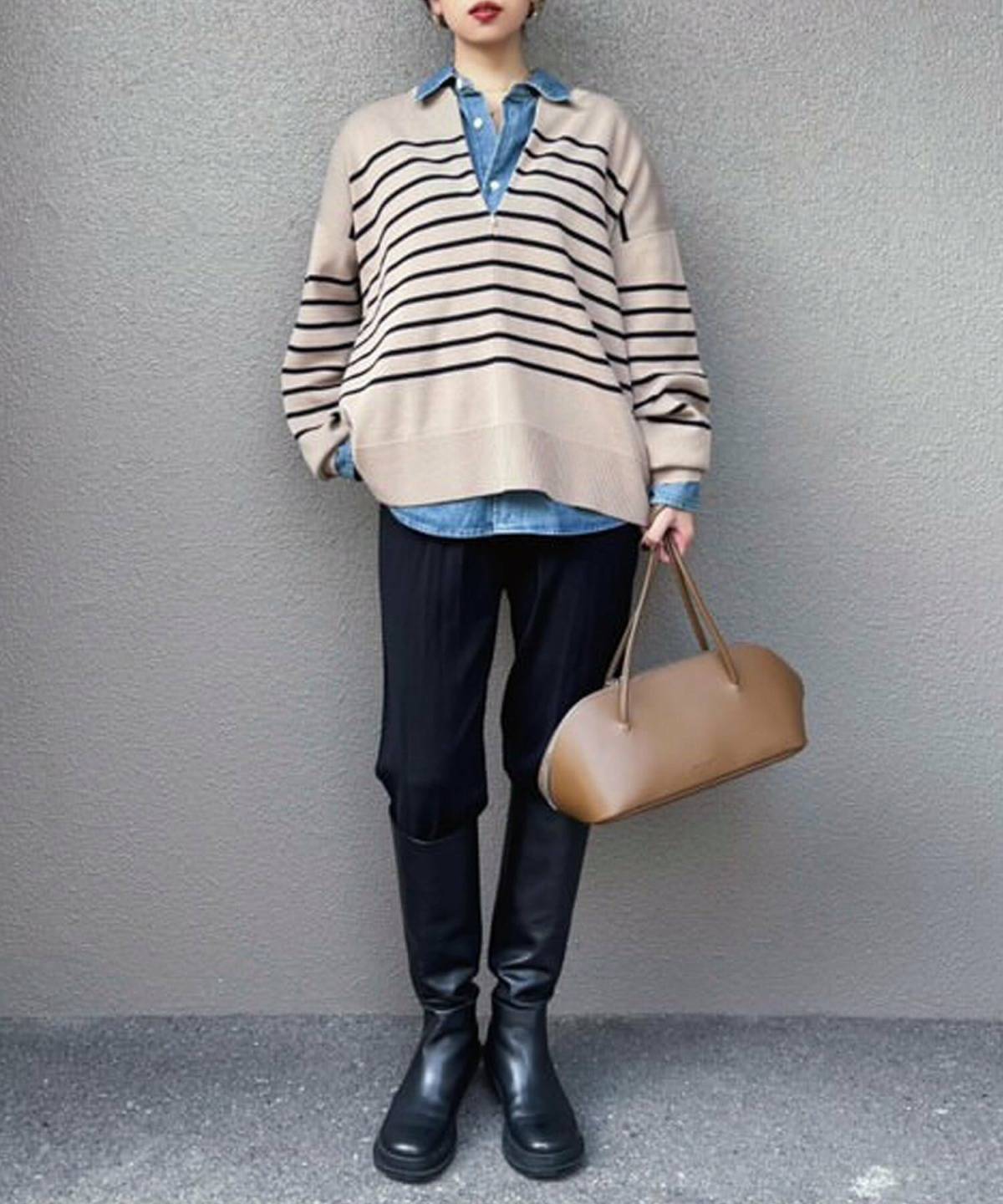 ベージュ スウェット コーデ ボーダー