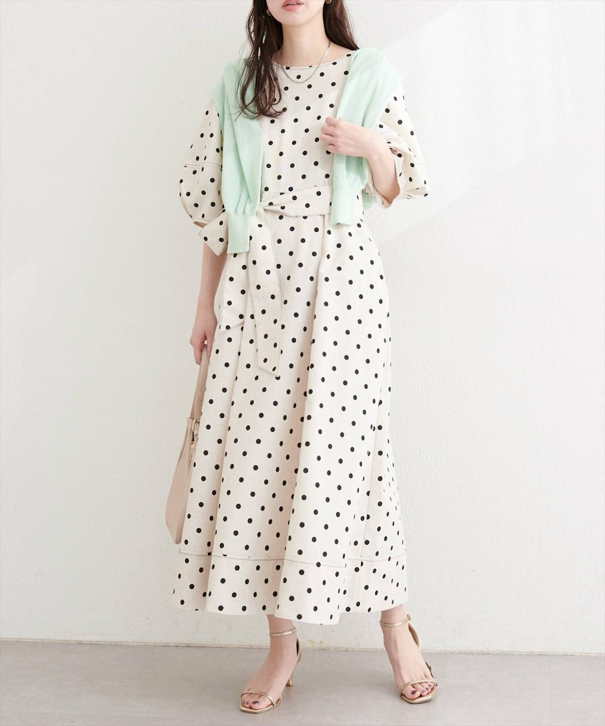 6月の京都コーデ ドット柄ワンピース カーディガン