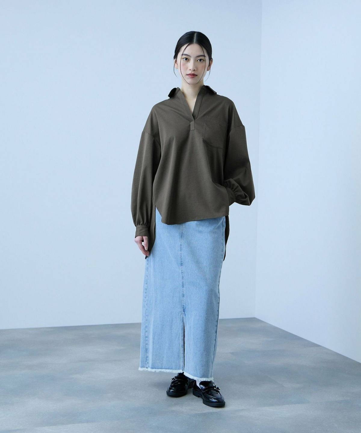 6月の京都コーデ スキッパーシャツ デニムスカート