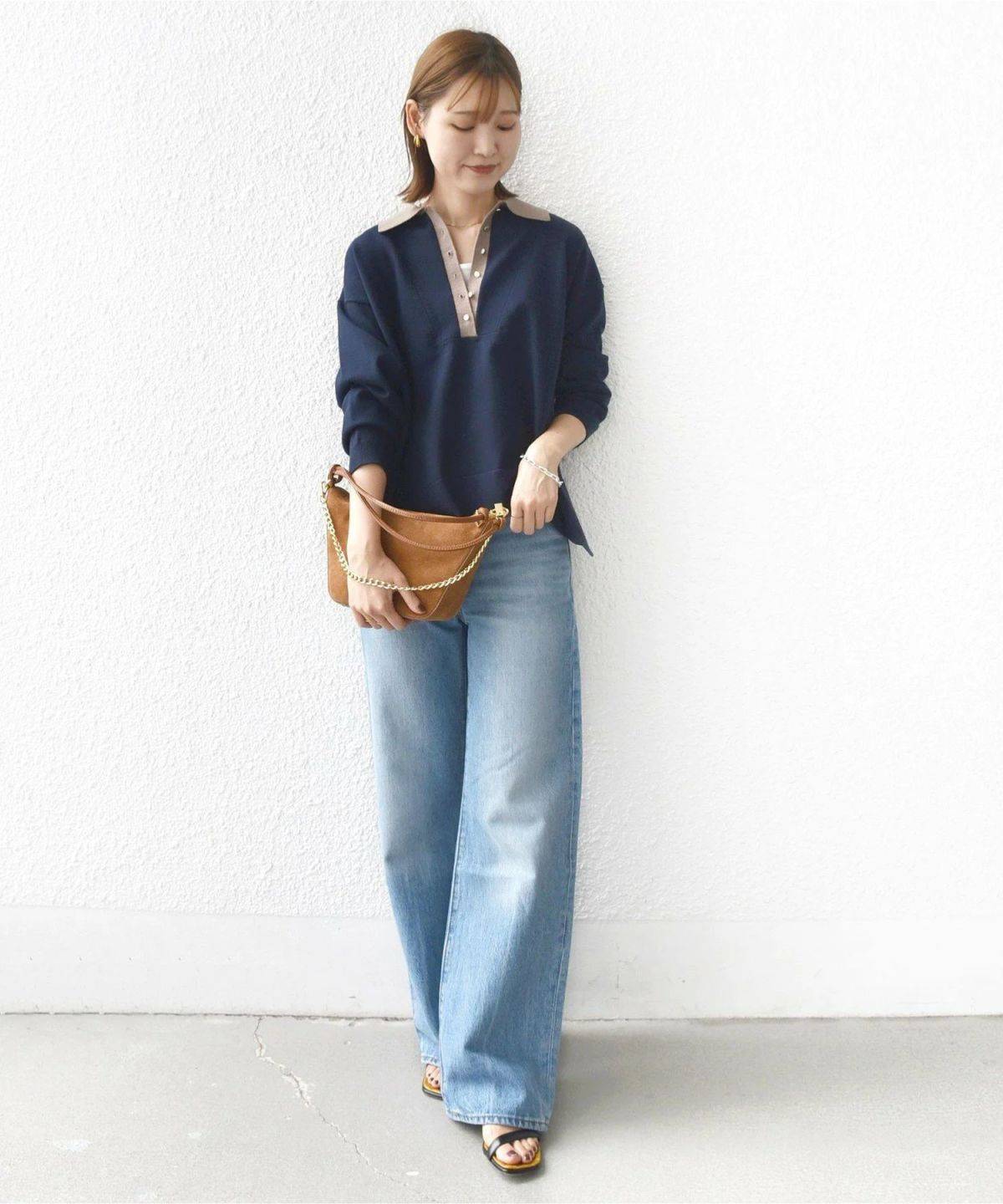 SHIPS サイドスリット ゴールド釦ポロニット