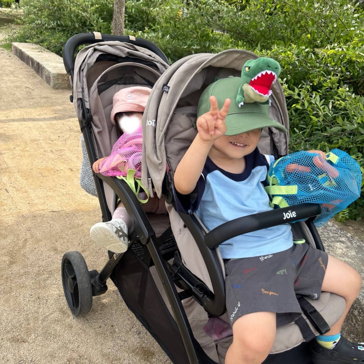 ベビーカーに乗っている2人の子ども