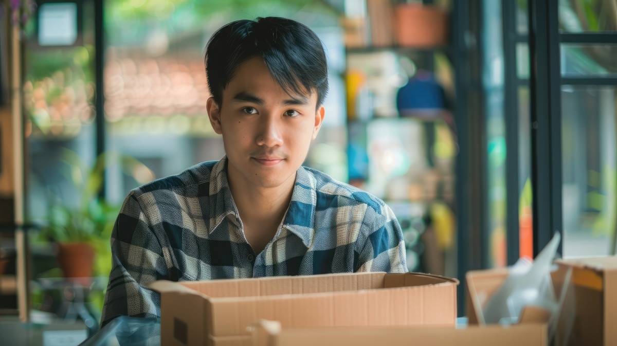 段ボールを開けている男性