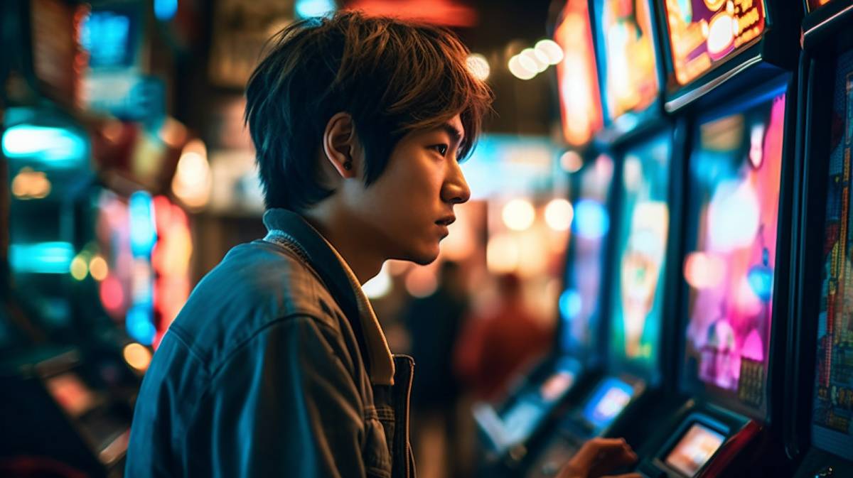 ゲームセンターで遊んでいる男性