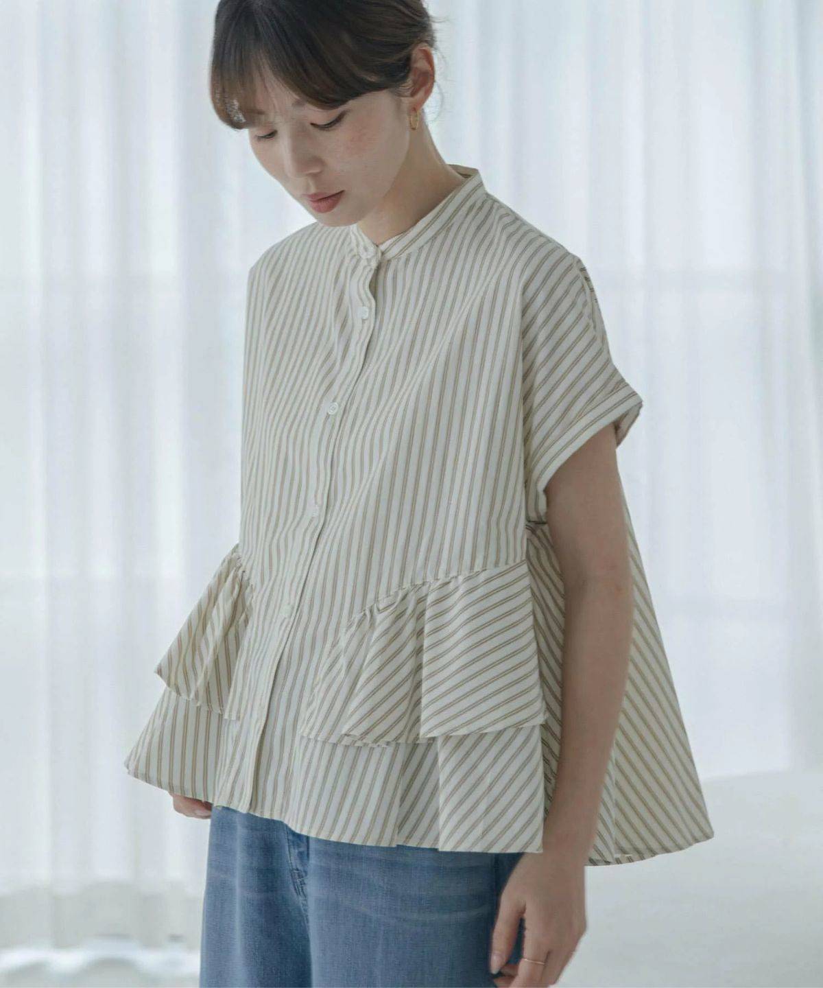 Sonny Label バンドカラーフリルストライプ半袖シャツ