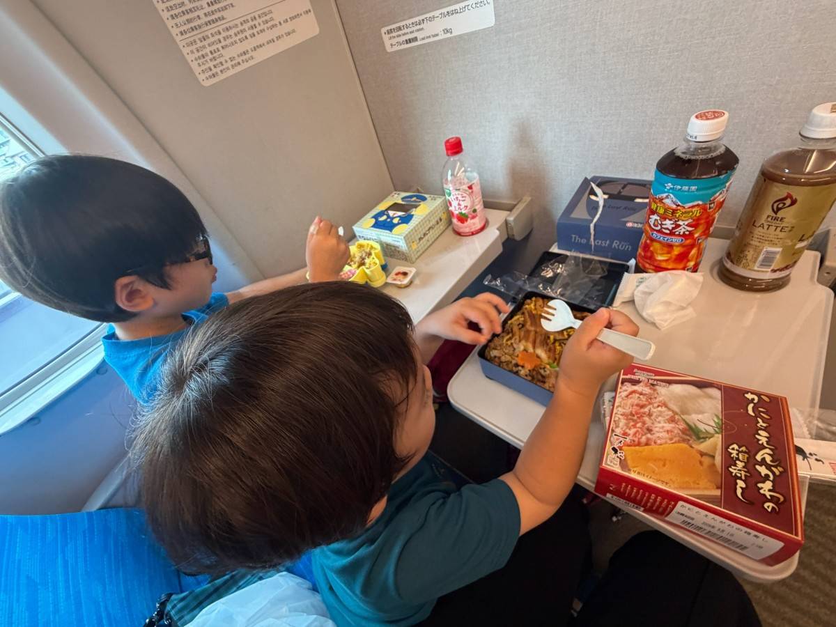 新幹線でお弁当を食べる2人の子ども