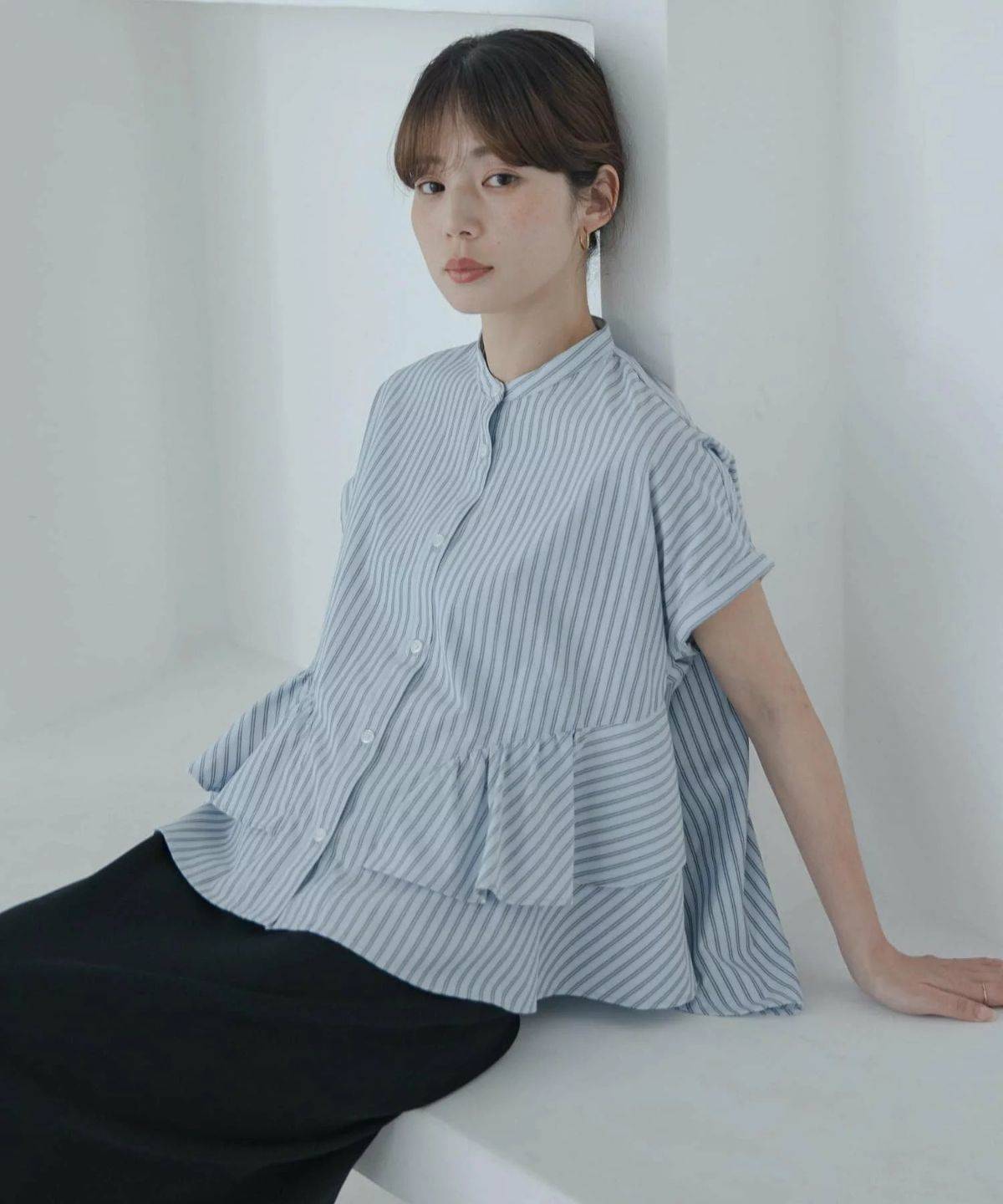 Sonny Label 『WEB限定』バンドカラーフリルストライプ半袖シャツ