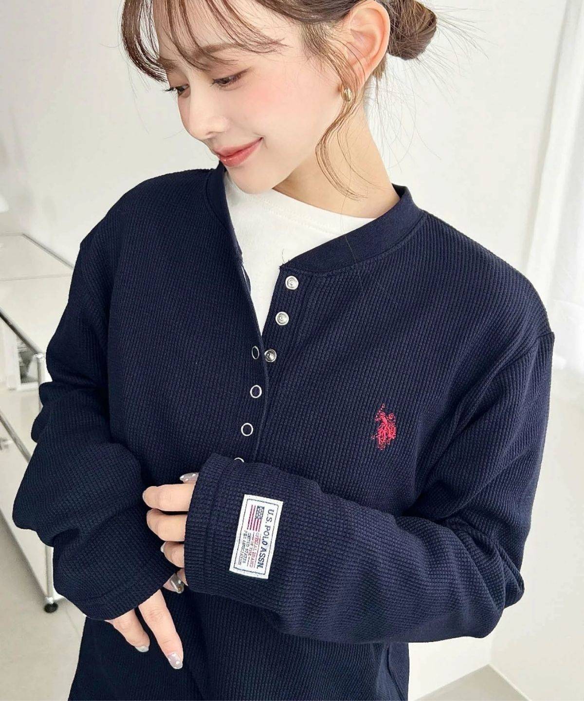 U.S.POLO ASSN. ワンポイント刺繍長袖ワッフルヘンリーネックプルオーバー