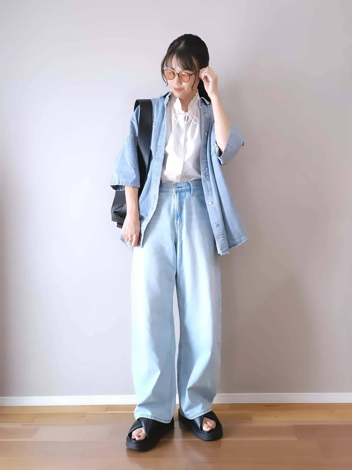 ボータイブラウス×デニムシャツ